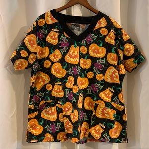 Butter Soft Scrub Top Women’s Sz XLarge Halloween Pumpkin‎ Bats